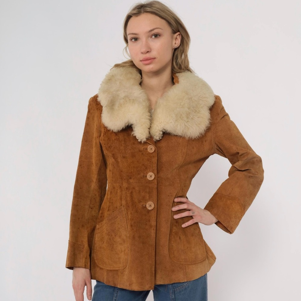 70s Shearling Coat Suede Leather Fur Collar button jacket